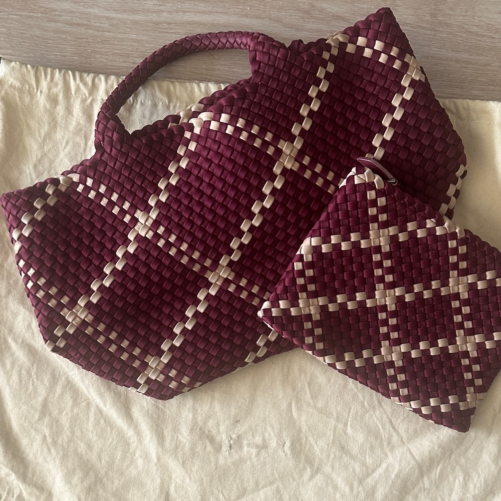 Naghedi Burgundy and Cream Tote Bag Set
